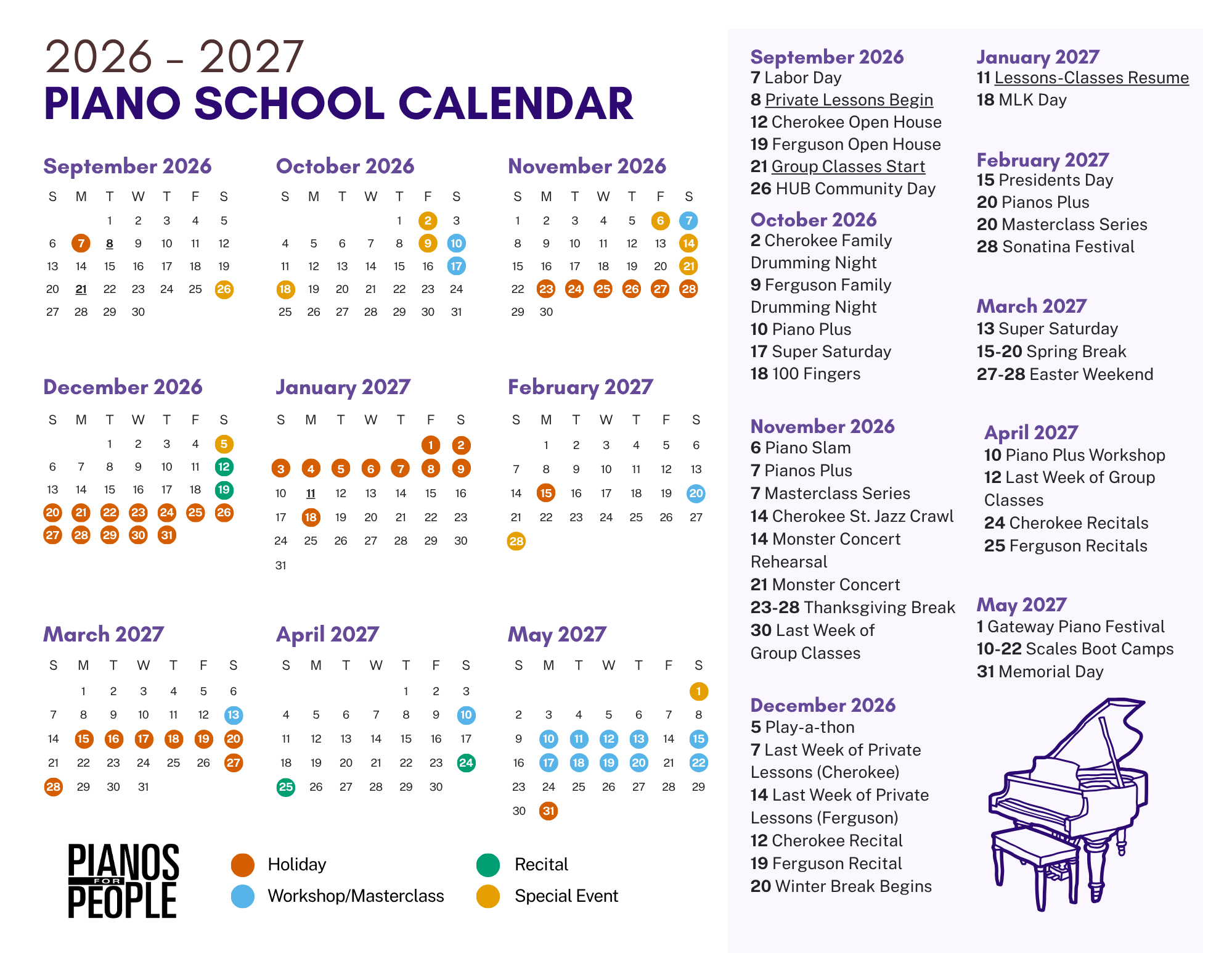 Piano School Calendar for the 2026-27 School Year